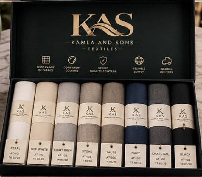 Kamla and Sons shade box with eight labelled fabric rolls
